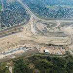 Bridge construction activities for the Anderson Road interchange, with the KGL site office in the foreground (looking east)